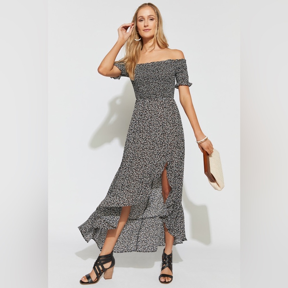 NWT Francesca’s Norah Black Ditsy Floral Off The Shoulder Maxi Dress Black